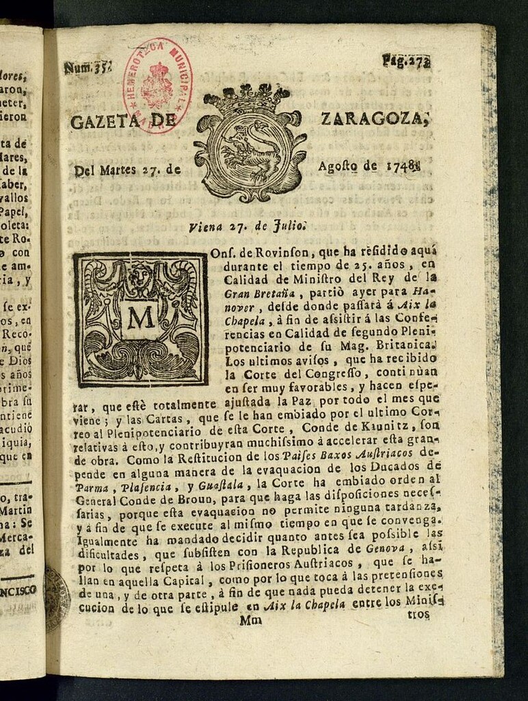 Miniatura de Gazeta de Zaragoza del 27 de agosto de 1748