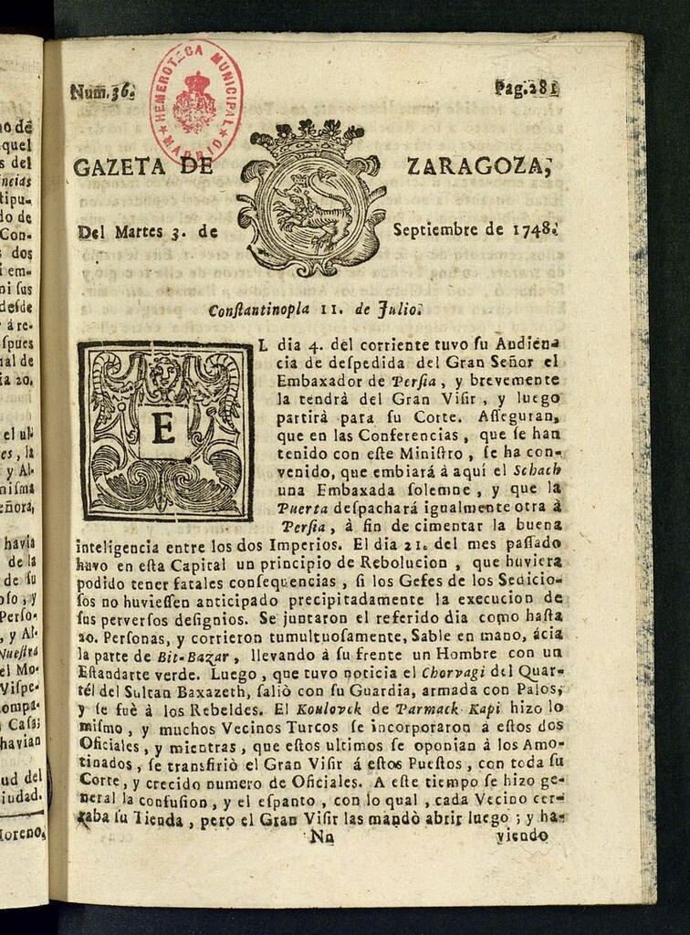 Miniatura de Gazeta de Zaragoza del 3 de septiembre de 1748