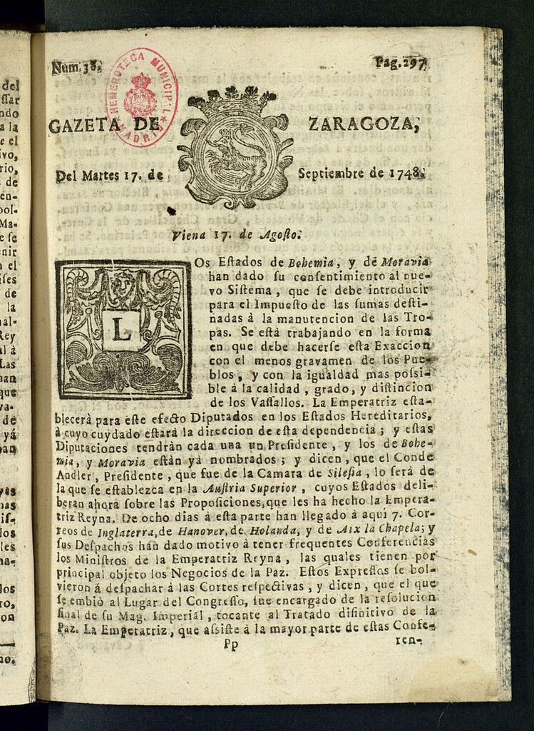 Miniatura de Gazeta de Zaragoza del 17 de septiembre de 1748
