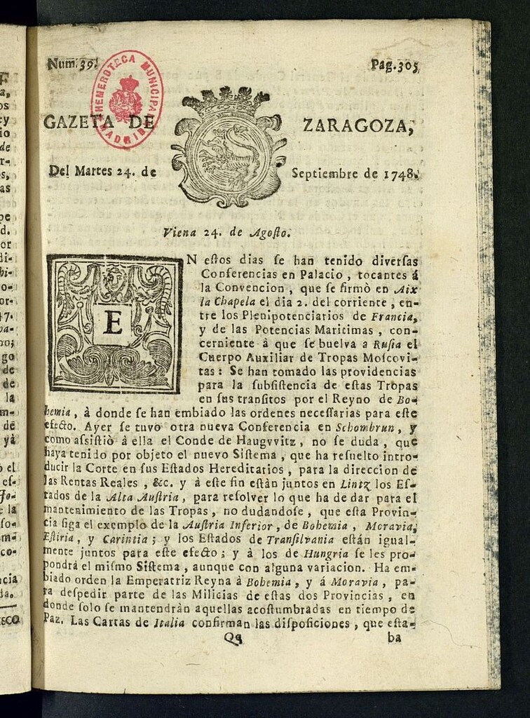 Miniatura de Gazeta de Zaragoza del 24 de septiembre de 1748