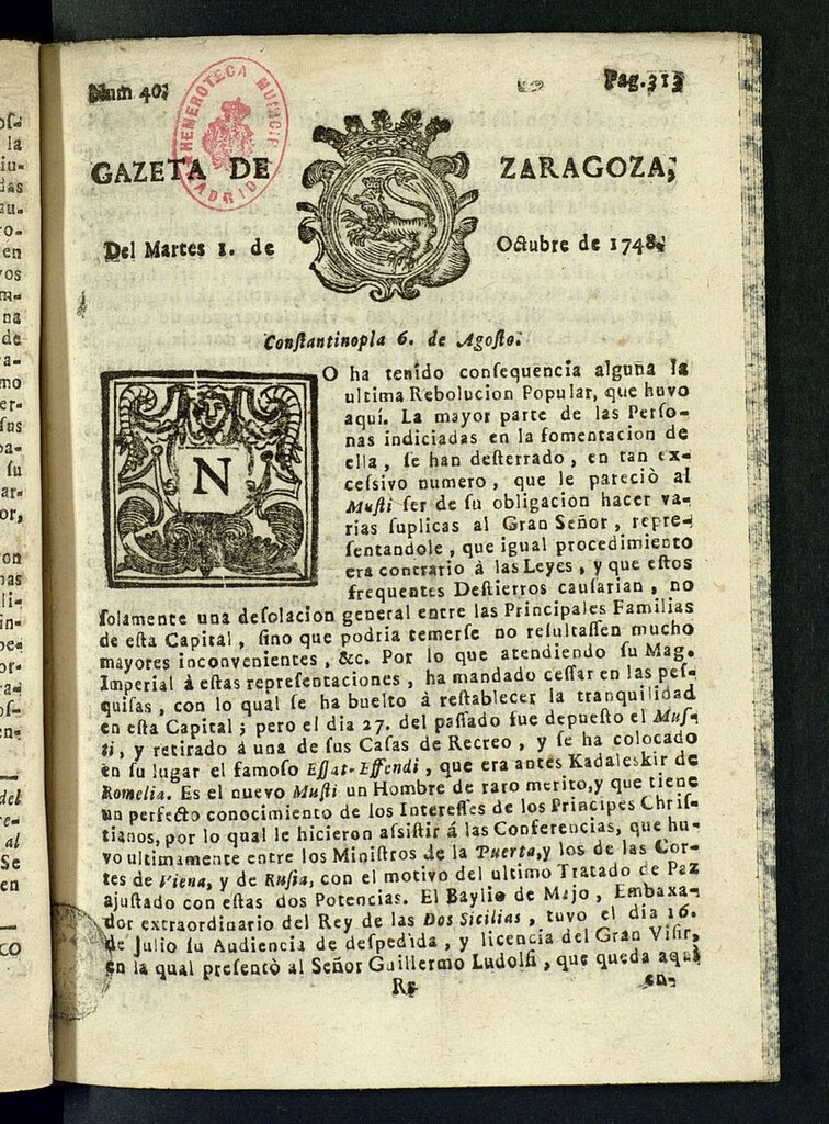 Miniatura de Gazeta de Zaragoza del 1 de octubre de 1748