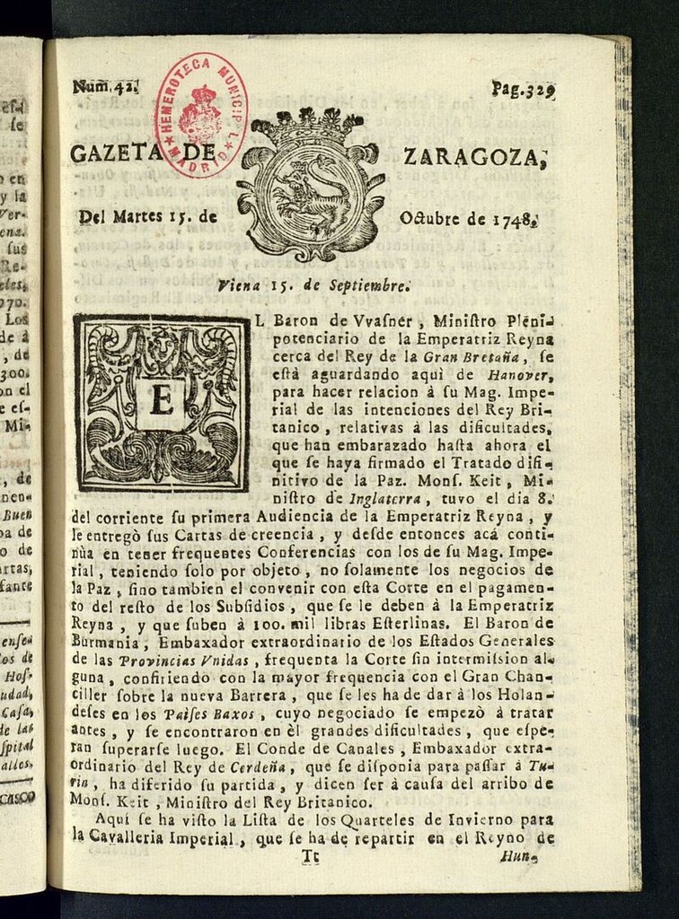 Miniatura de Gazeta de Zaragoza del 15 de octubre de 1748