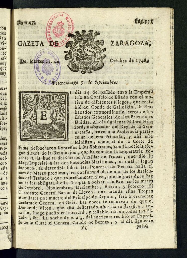Miniatura de Gazeta de Zaragoza del 22 de octubre de 1748