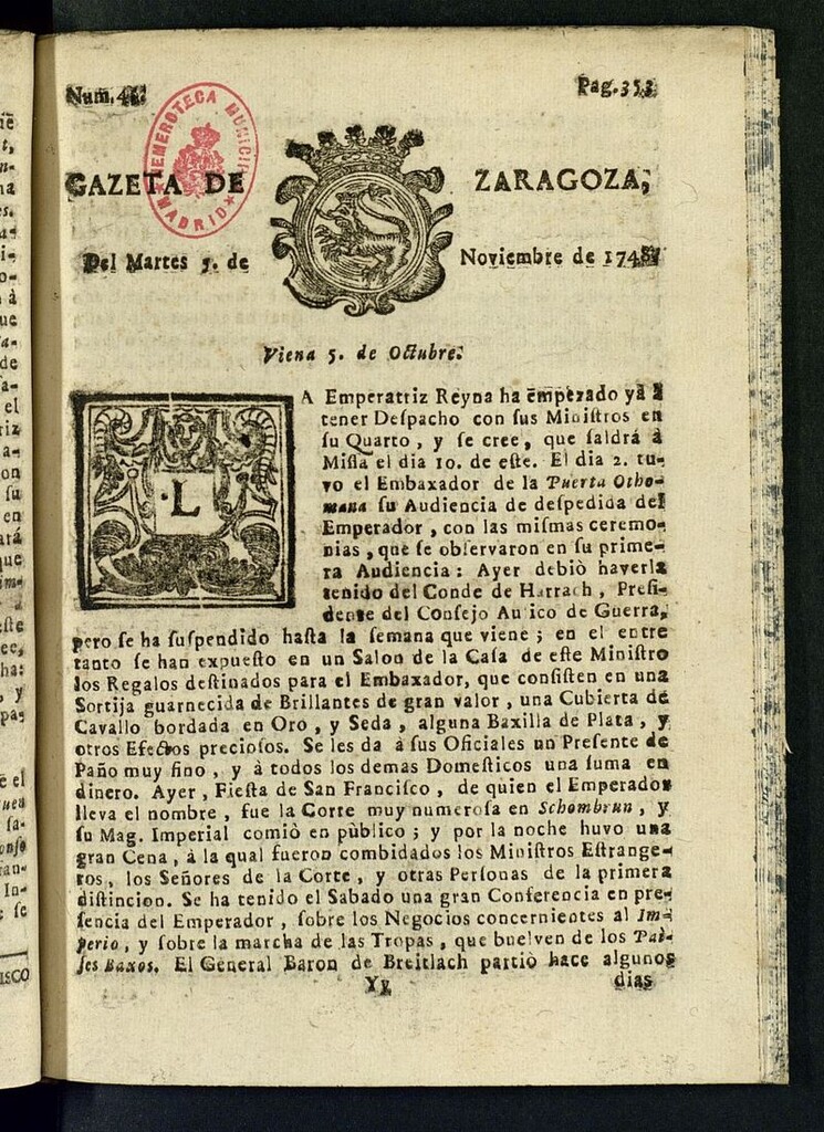 Miniatura de Gazeta de Zaragoza del 5 de noviembre de 1748