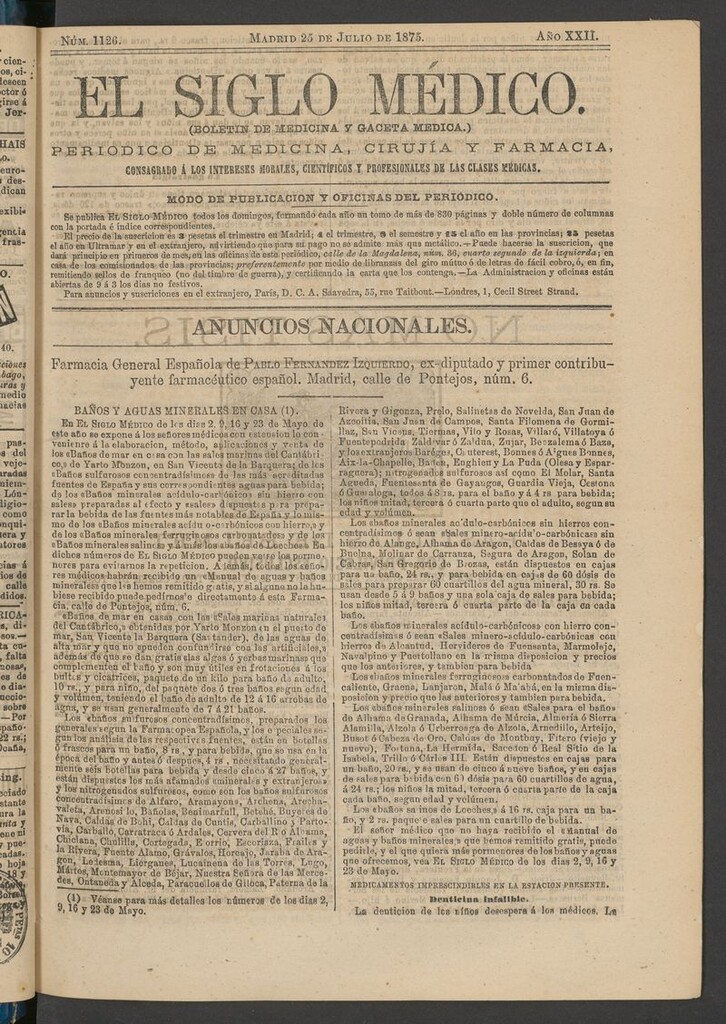 Miniatura de El Siglo Médico: boletín de medicina y gaceta médica del 25 de julio de 1875