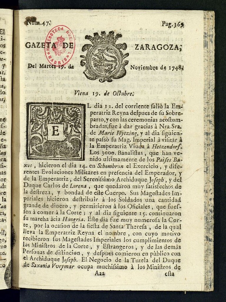 Miniatura de Gazeta de Zaragoza del 19 de noviembre de 1748