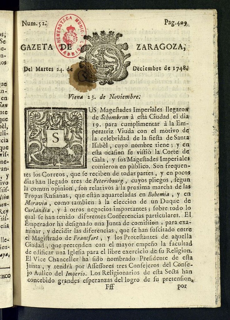 Miniatura de Gazeta de Zaragoza del 24 de diciembre de 1748
