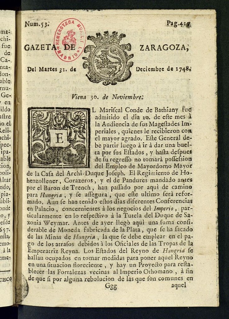 Miniatura de Gazeta de Zaragoza del 31 de diciembre de 1748