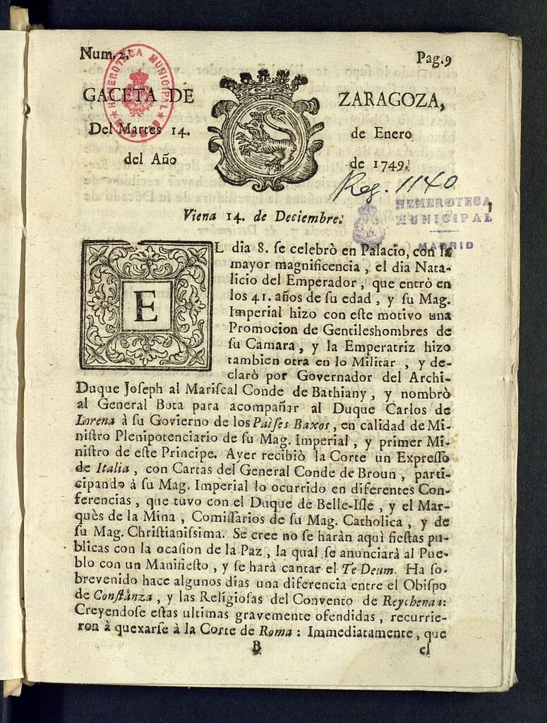 Miniatura de Gazeta de Zaragoza del 14 de enero de 1749
