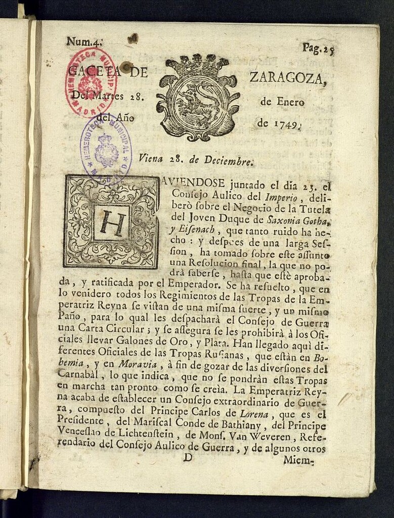 Miniatura de Gazeta de Zaragoza del 28 de enero de 1749