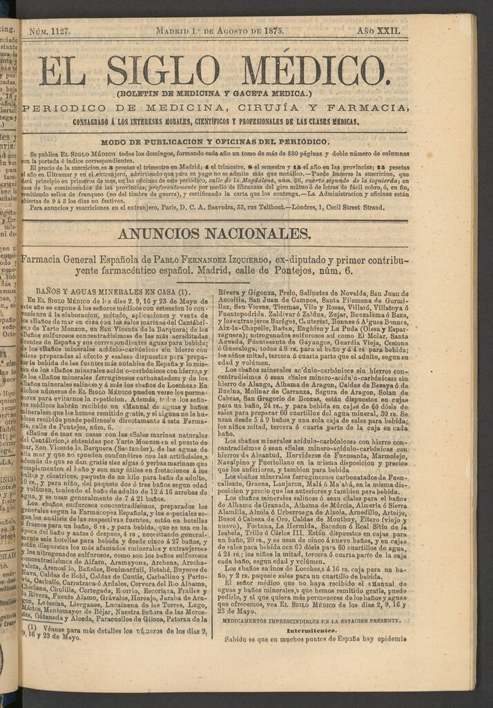 Miniatura de El Siglo Médico: boletín de medicina y gaceta médica del 1 de agosto de 1875