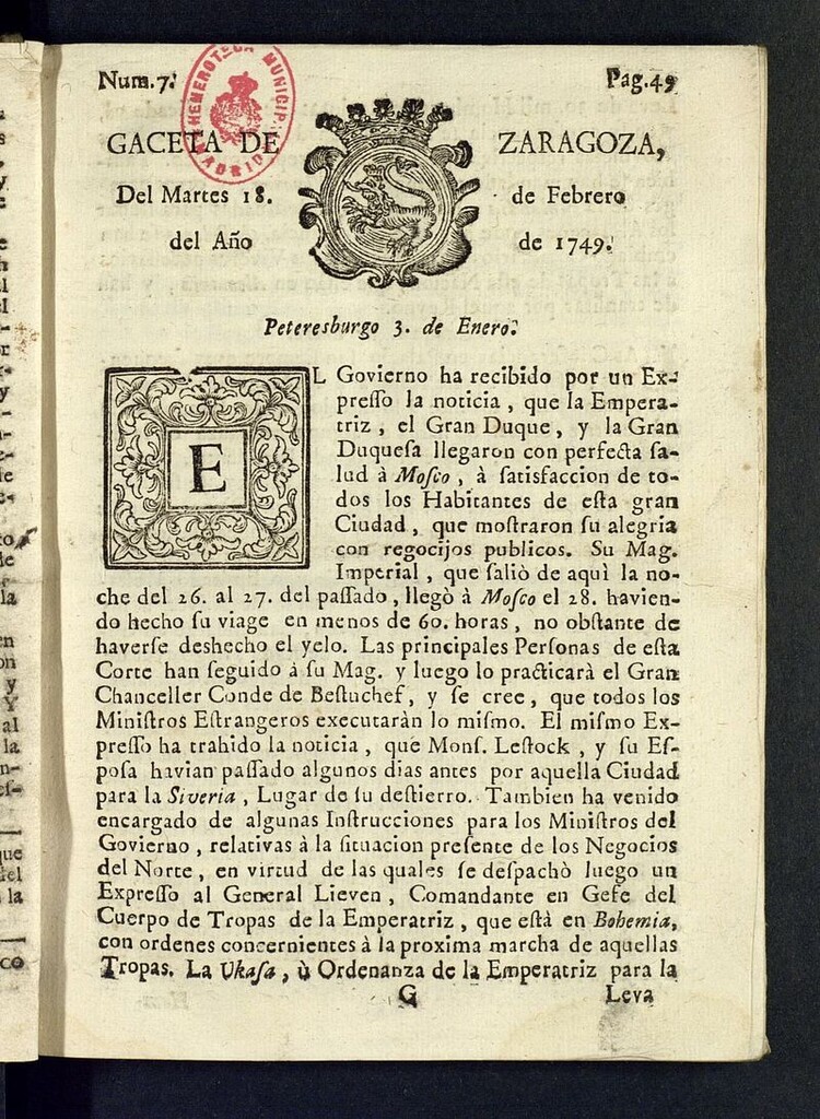 Miniatura de Gazeta de Zaragoza del 18 de febrero de 1749