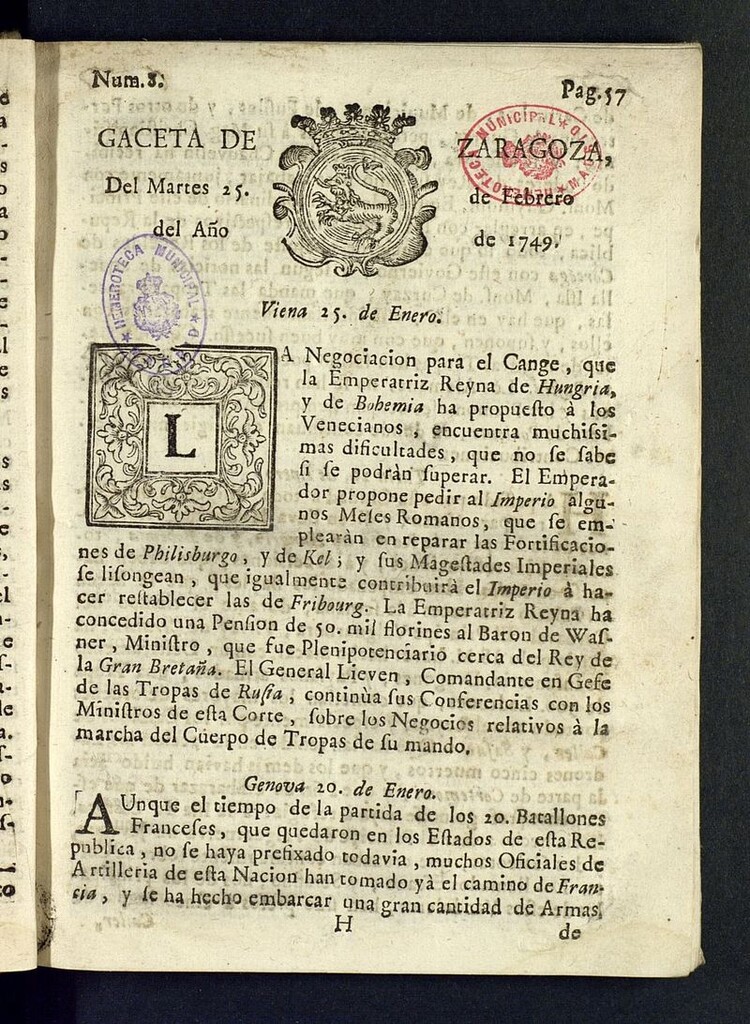 Miniatura de Gazeta de Zaragoza del 25 de febrero de 1749