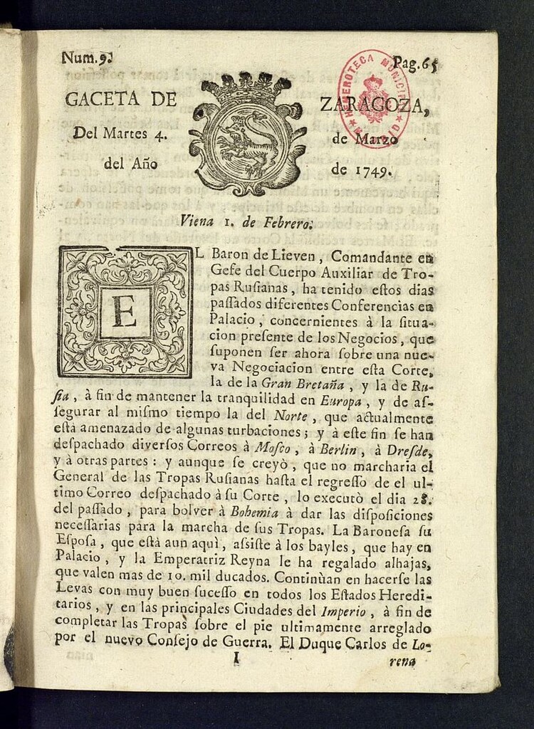 Miniatura de Gazeta de Zaragoza del 4 de marzo de 1749