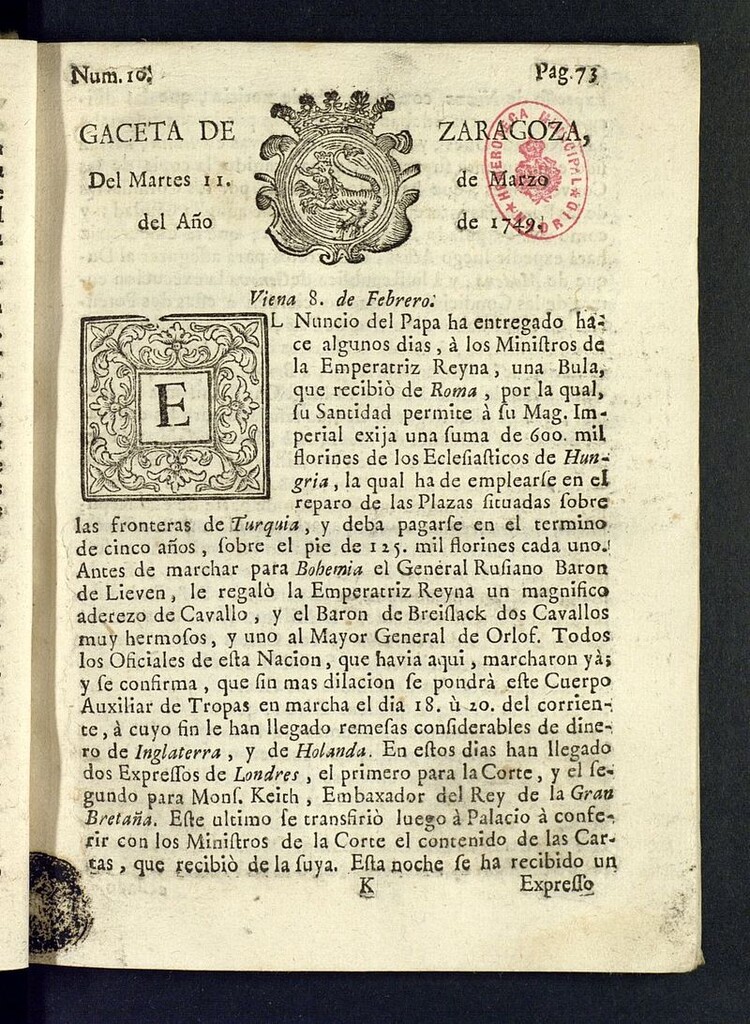 Miniatura de Gazeta de Zaragoza del 11 de marzo de 1749