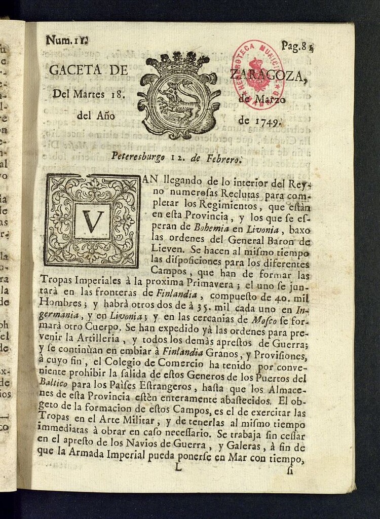 Miniatura de Gazeta de Zaragoza del 18 de marzo de 1749