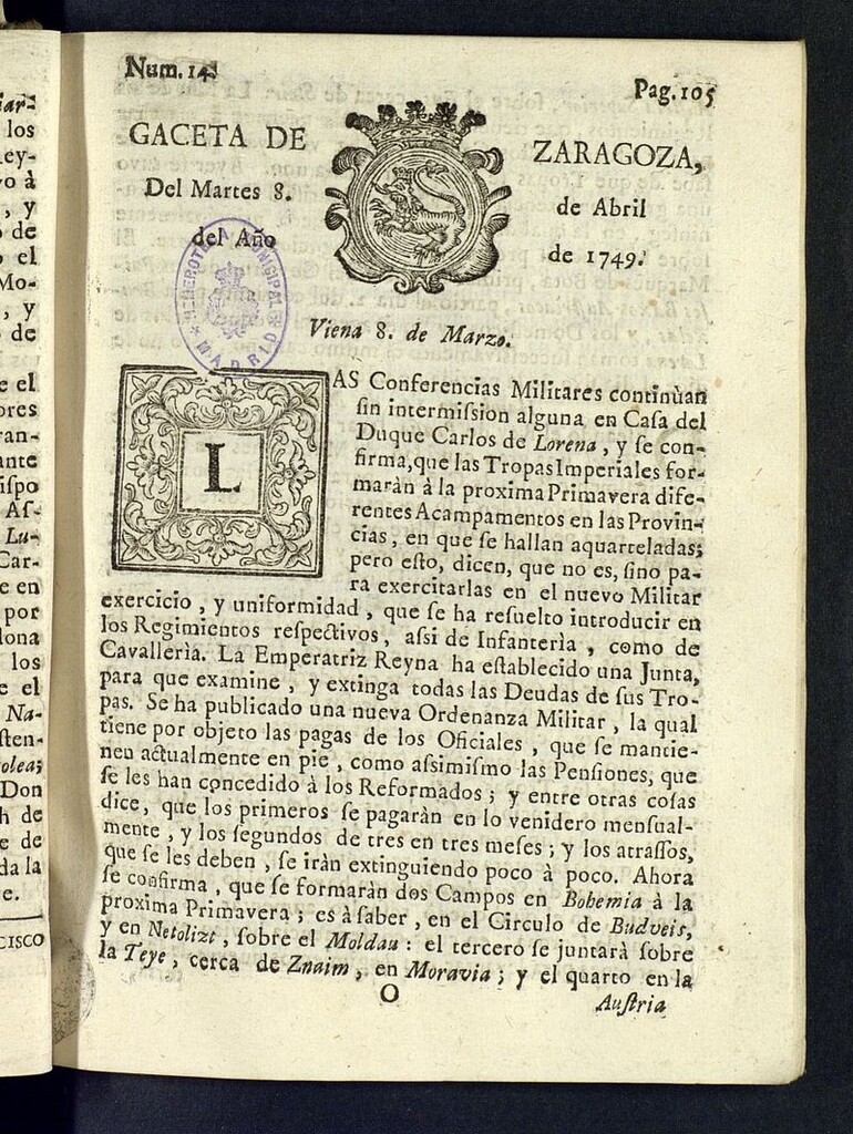 Miniatura de Gazeta de Zaragoza del 8 de abril de 1749
