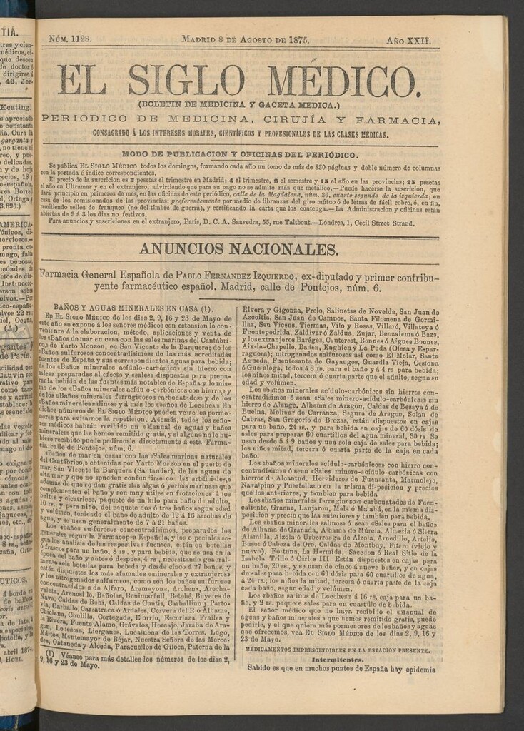 Miniatura de El Siglo Médico: boletín de medicina y gaceta médica del 8 de agosto de 1875