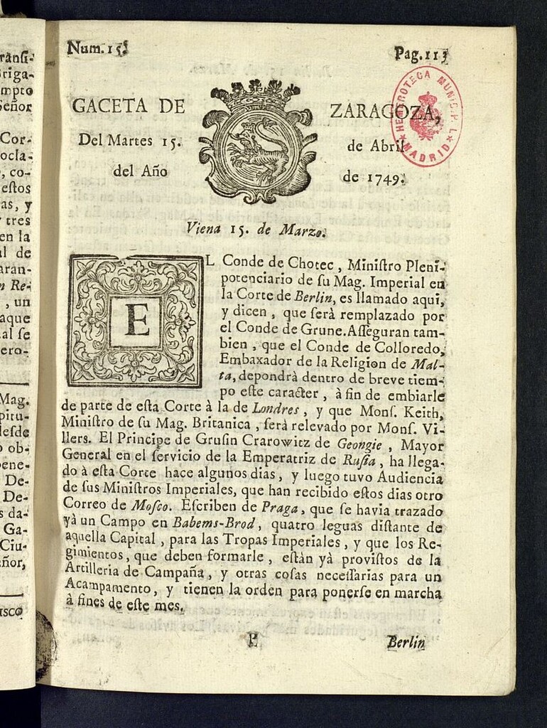 Miniatura de Gazeta de Zaragoza del 15 de abril de 1749