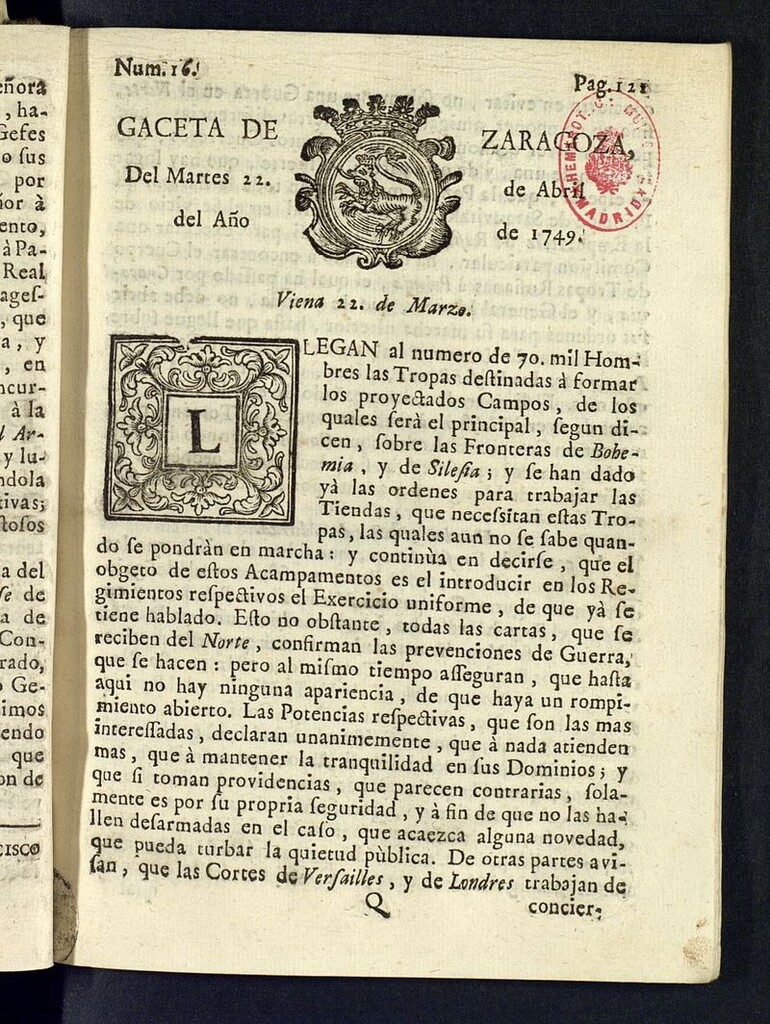 Miniatura de Gazeta de Zaragoza del 22 de abril de 1749