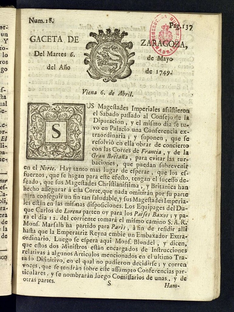 Miniatura de Gazeta de Zaragoza del 6 de mayo de 1749