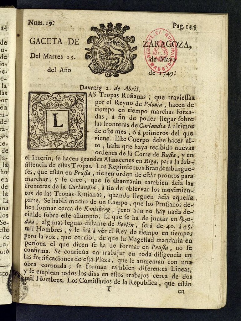 Miniatura de Gazeta de Zaragoza del 13 de mayo de 1749