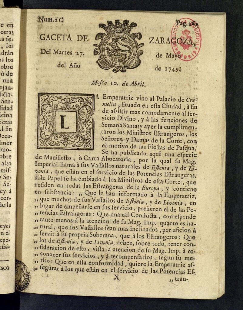 Miniatura de Gazeta de Zaragoza del 27 de mayo de 1749
