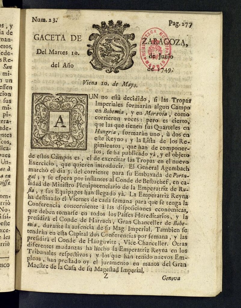 Miniatura de Gazeta de Zaragoza del 10 de junio de 1749