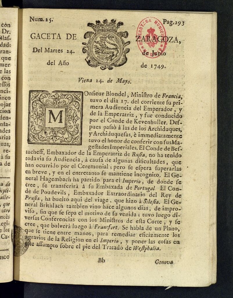 Miniatura de Gazeta de Zaragoza del 24 de junio de 1749