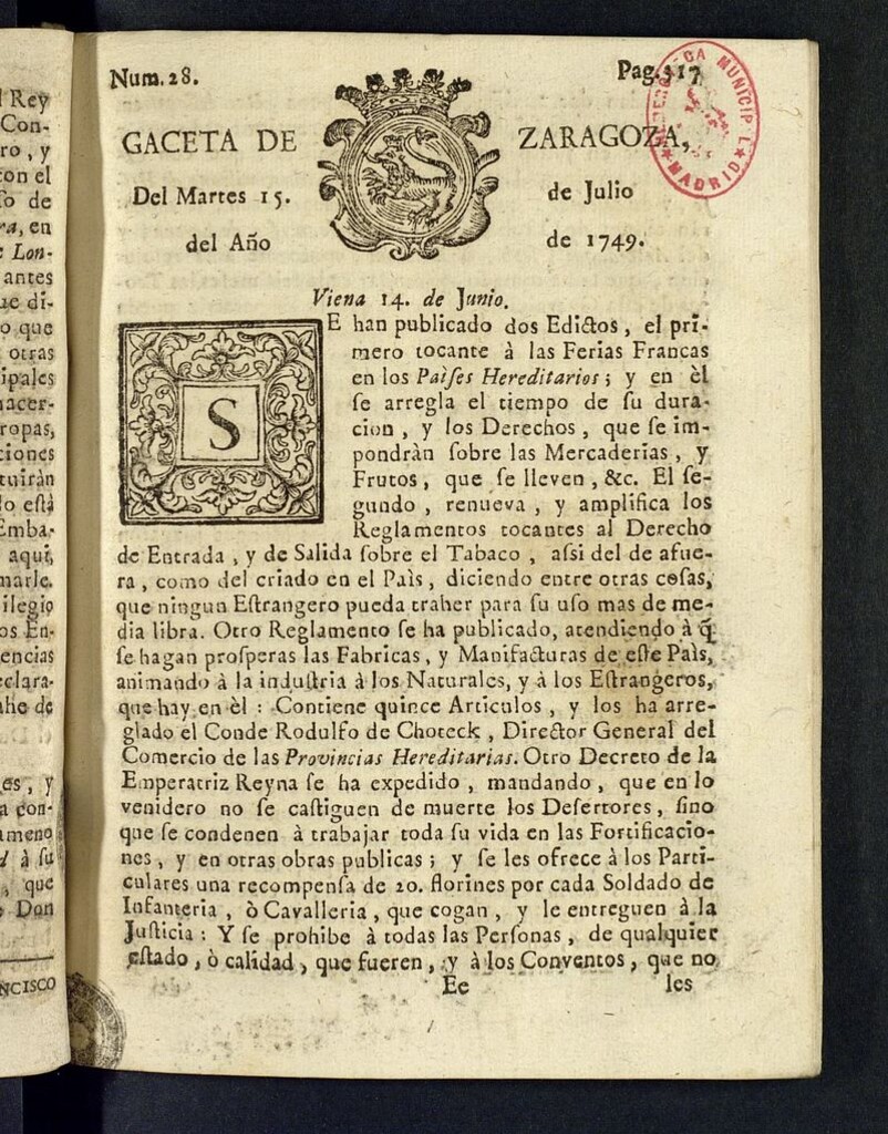 Miniatura de Gazeta de Zaragoza del 15 de julio de 1749