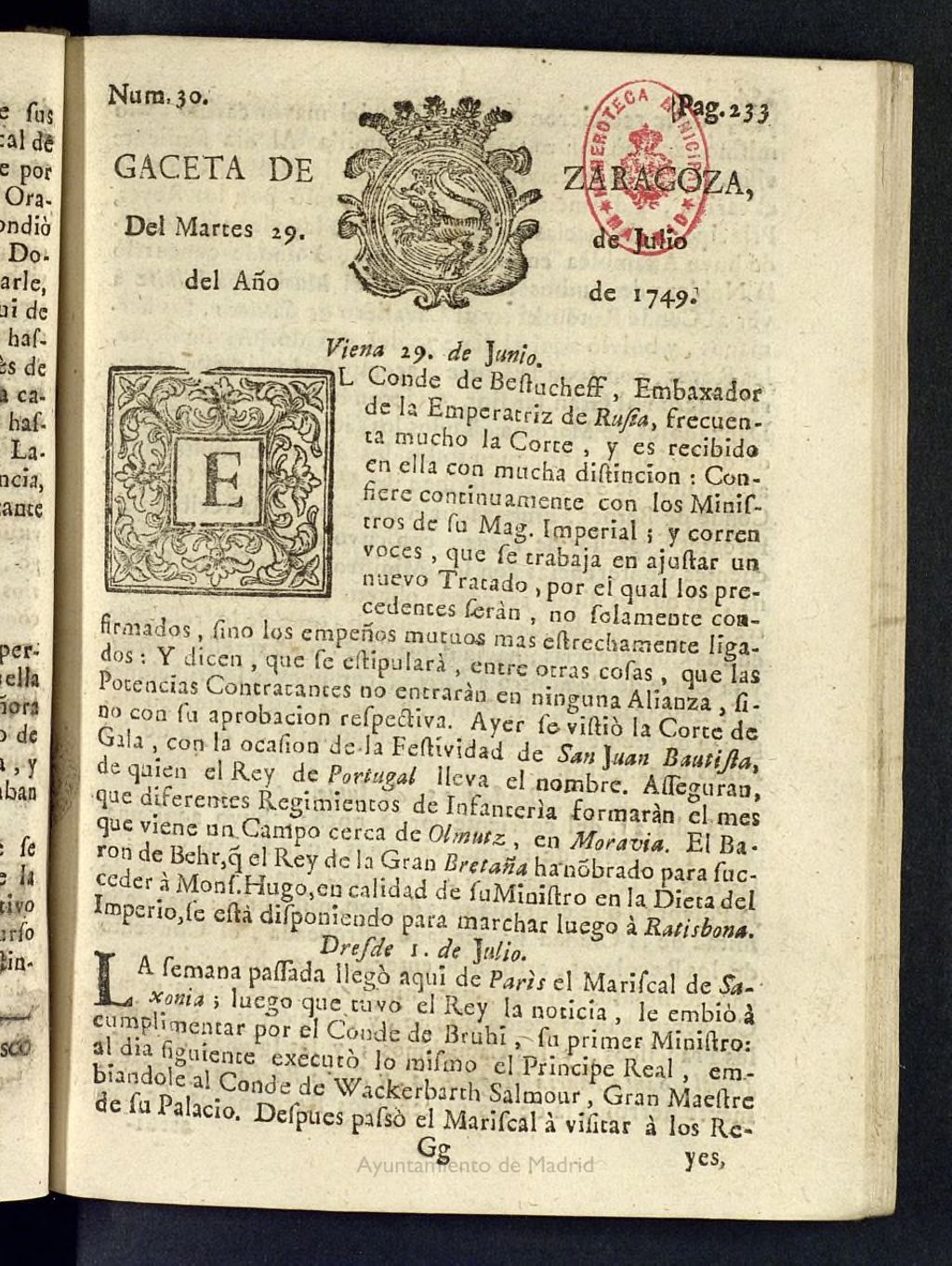 Miniatura de Gazeta de Zaragoza del 29 de julio de 1749