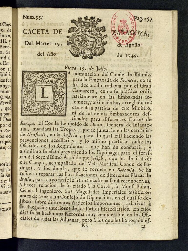 Miniatura de Gazeta de Zaragoza del 19 de agosto de 1749