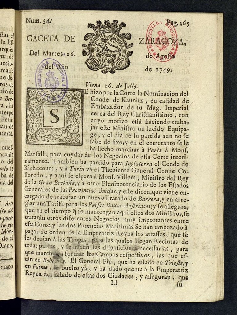 Miniatura de Gazeta de Zaragoza del 26 de agosto de 1749