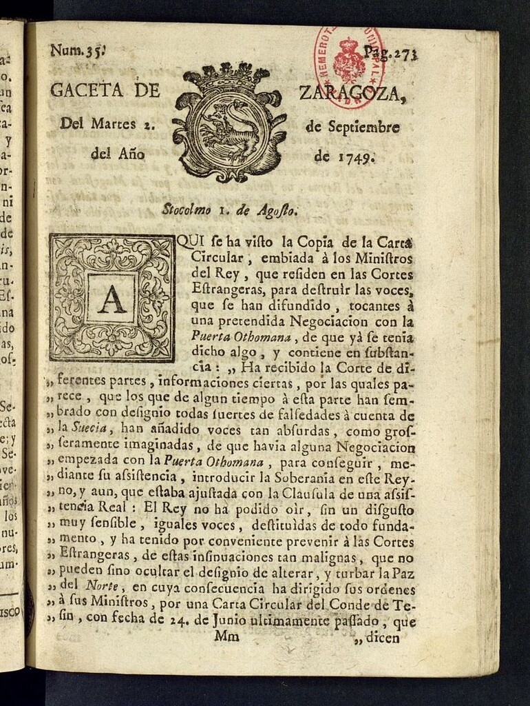 Miniatura de Gazeta de Zaragoza del 2 de septiembre de 1749
