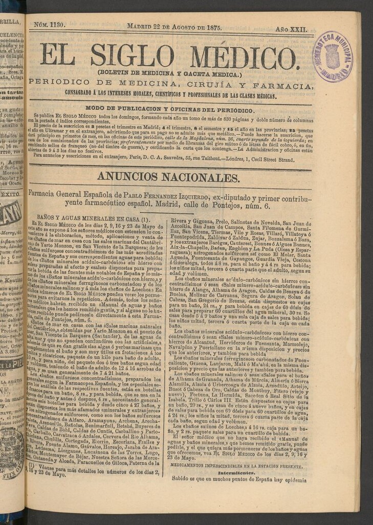 Miniatura de El Siglo Médico: boletín de medicina y gaceta médica del 22 de agosto de 1875