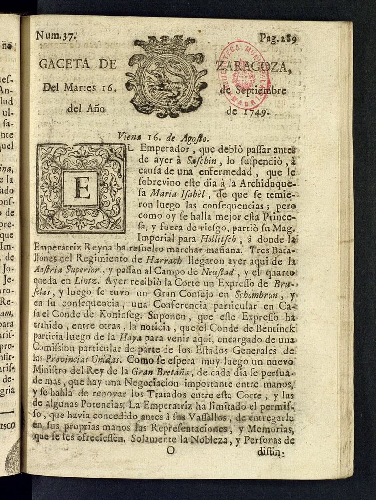 Miniatura de Gazeta de Zaragoza del 16 de septiembre de 1749