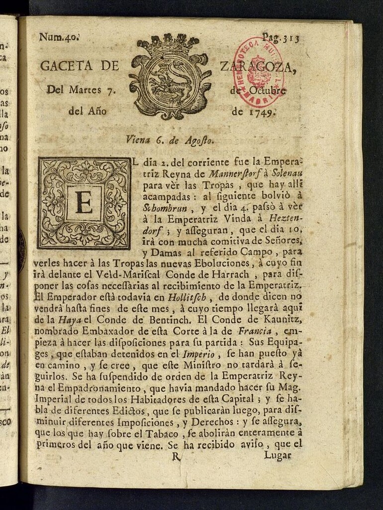 Miniatura de Gazeta de Zaragoza del 7 de octubre de 1749