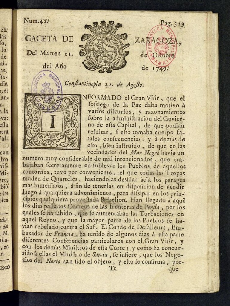 Miniatura de Gazeta de Zaragoza del 21 de octubre de 1749
