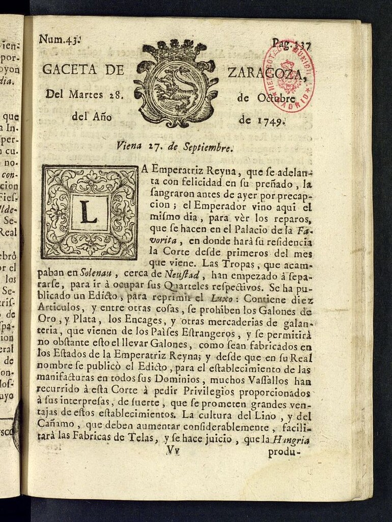 Miniatura de Gazeta de Zaragoza del 28 de octubre de 1749