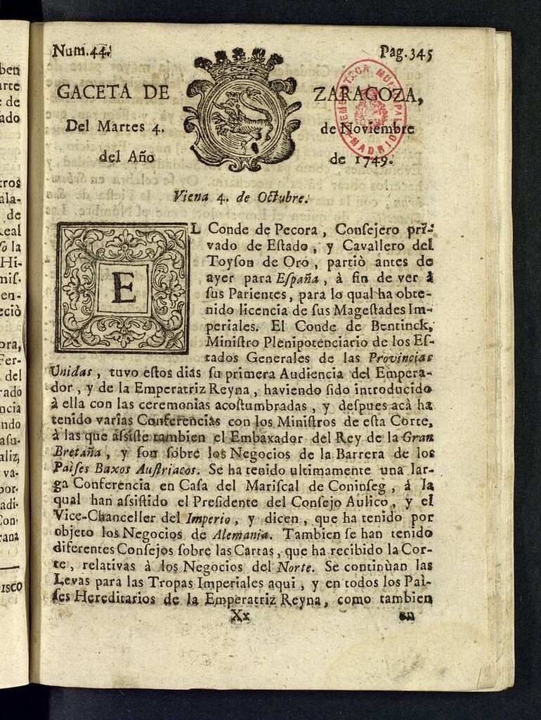 Miniatura de Gazeta de Zaragoza del 4 de noviembre de 1749