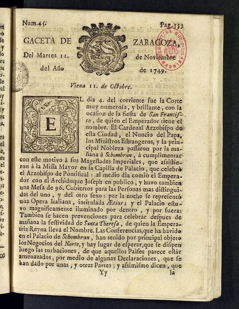 Miniatura de Gazeta de Zaragoza del 11 de noviembre de 1749