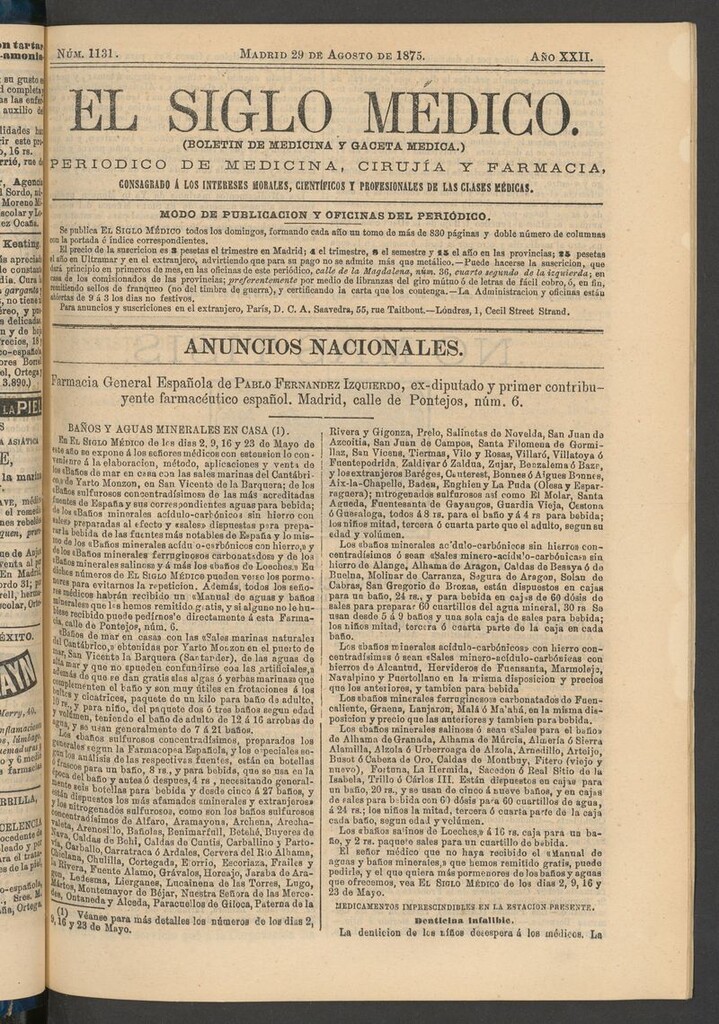 Miniatura de El Siglo Médico: boletín de medicina y gaceta médica del 29 de agosto de 1875