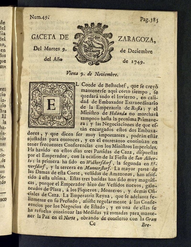 Miniatura de Gazeta de Zaragoza del 9 de diciembre de 1749
