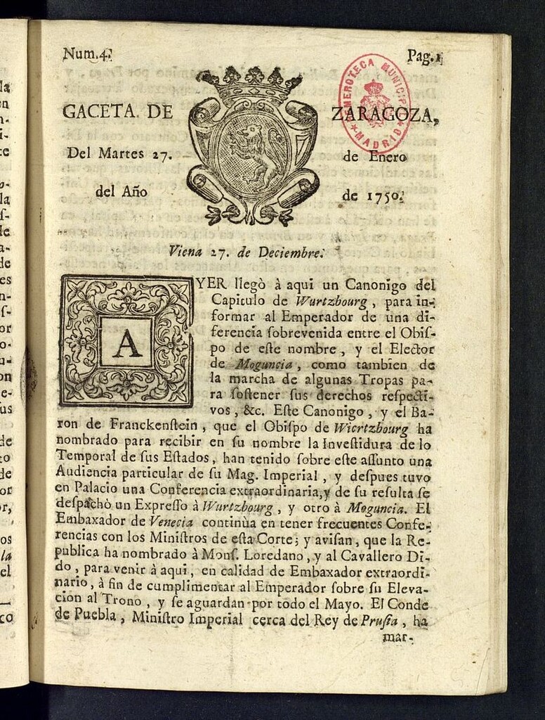 Miniatura de Gazeta de Zaragoza del 27 de enero de 1750