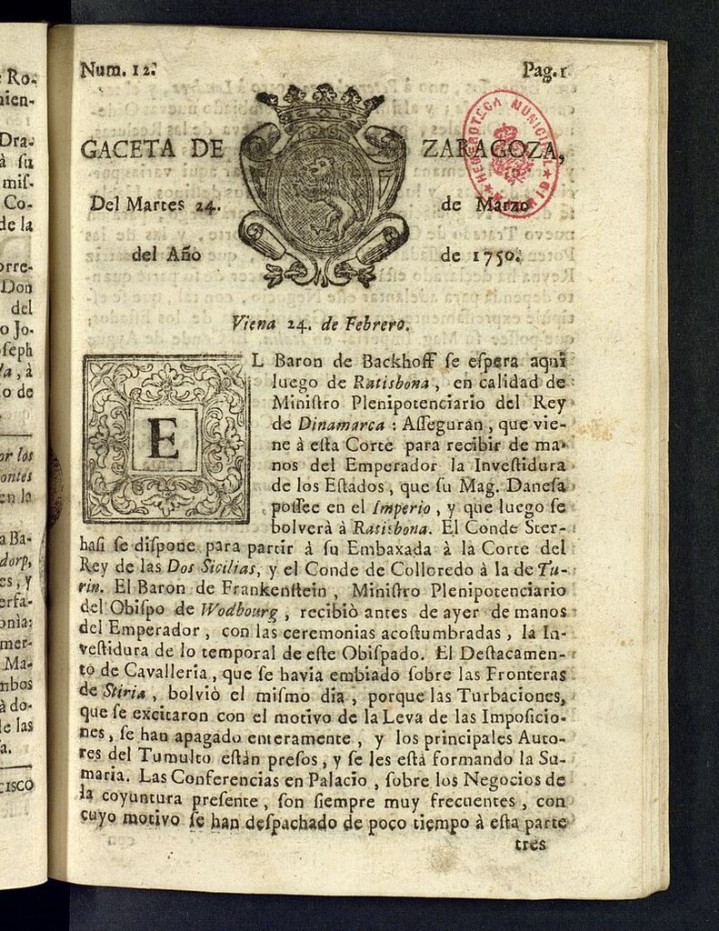 Miniatura de Gazeta de Zaragoza del 24 de marzo de 1750