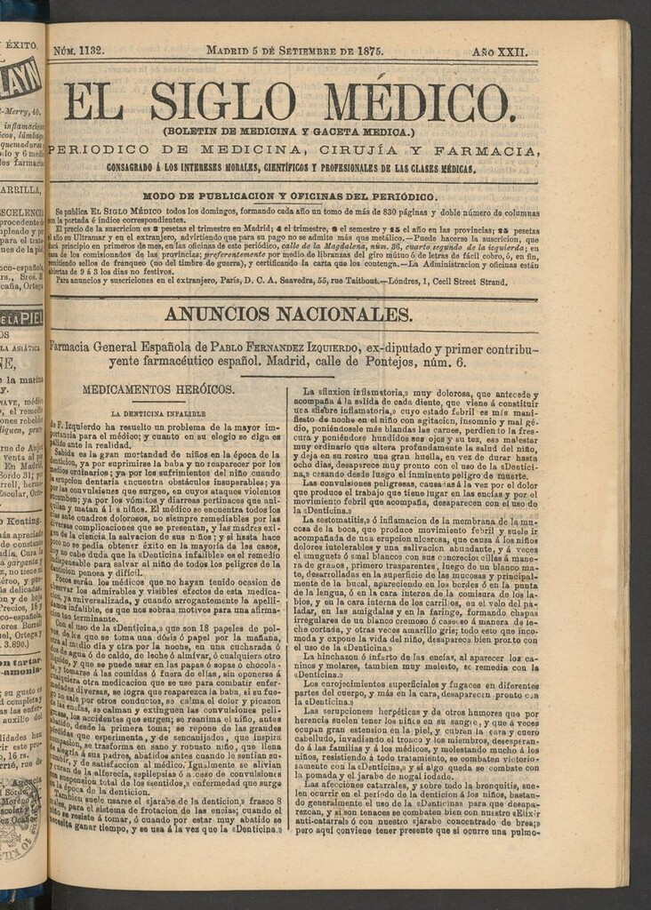 Miniatura de El Siglo Médico: boletín de medicina y gaceta médica del 5 de septiembre de 1875