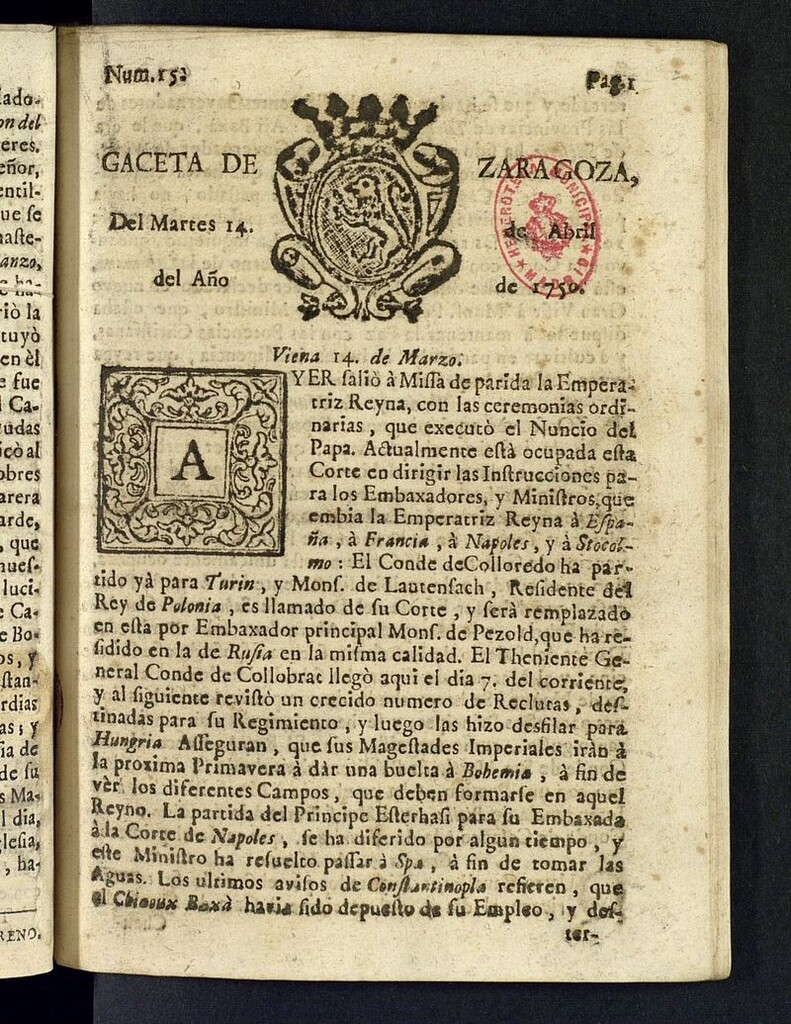 Miniatura de Gazeta de Zaragoza del 14 de abril de 1750