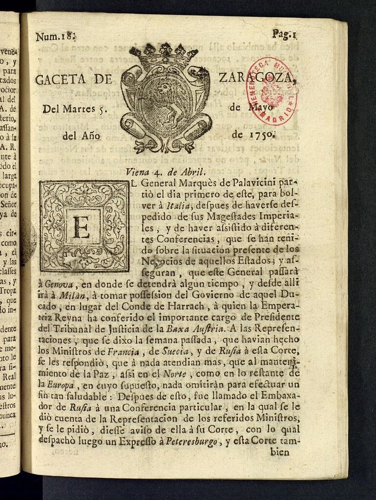 Miniatura de Gazeta de Zaragoza del 5 de mayo de 1750