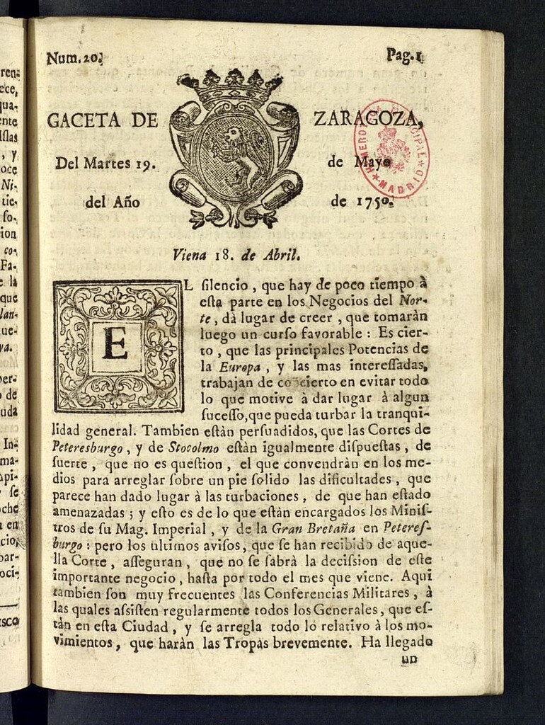 Miniatura de Gazeta de Zaragoza del 19 de mayo de 1750