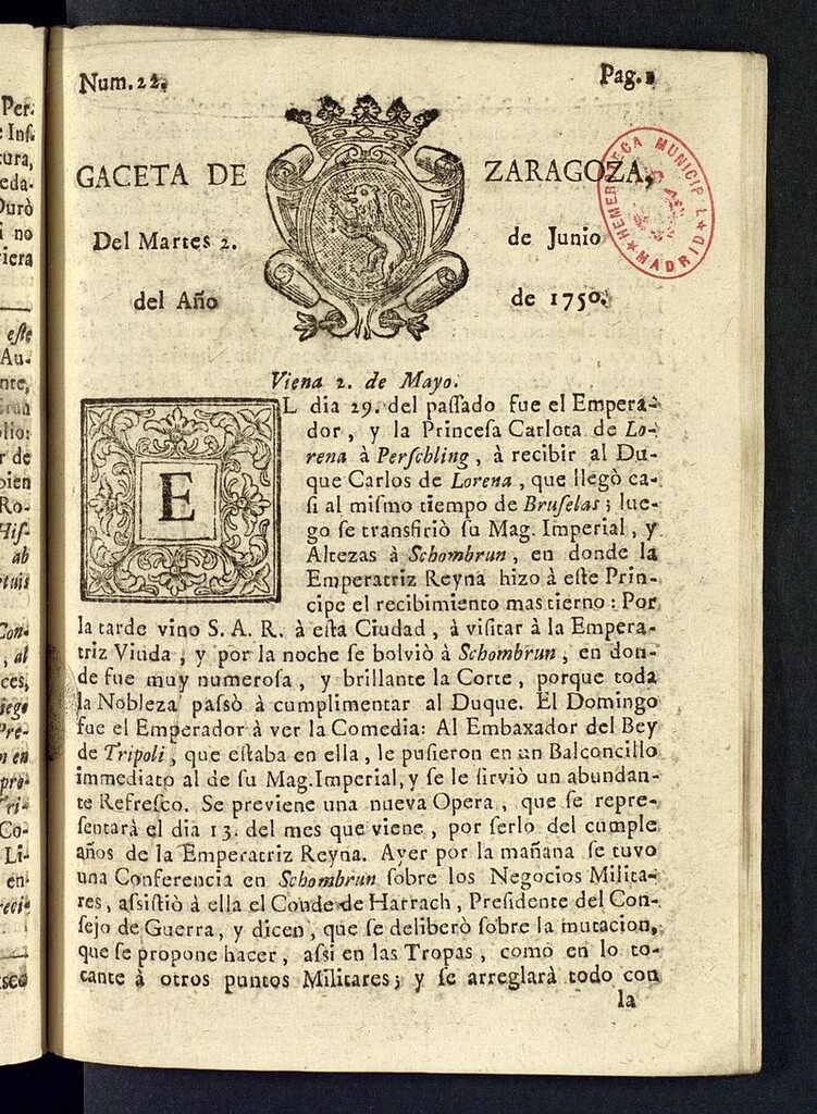 Miniatura de Gazeta de Zaragoza del 2 de junio de 1750